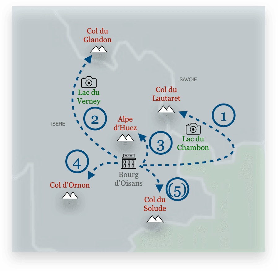 Fietsroutes op een schematische kaart vanaf Bourg d'Oisans naar Col d'Ornon, Col du Solude, Lac du Chambon, Col du Lautaret, Lac du Verney en Col du Glandon