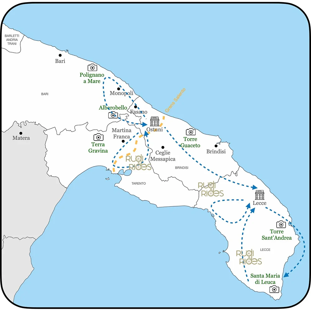 routes-puglia-salento-hak-laars Kaart met fietsroutes in Salento, Puglia: de hak van de laars.