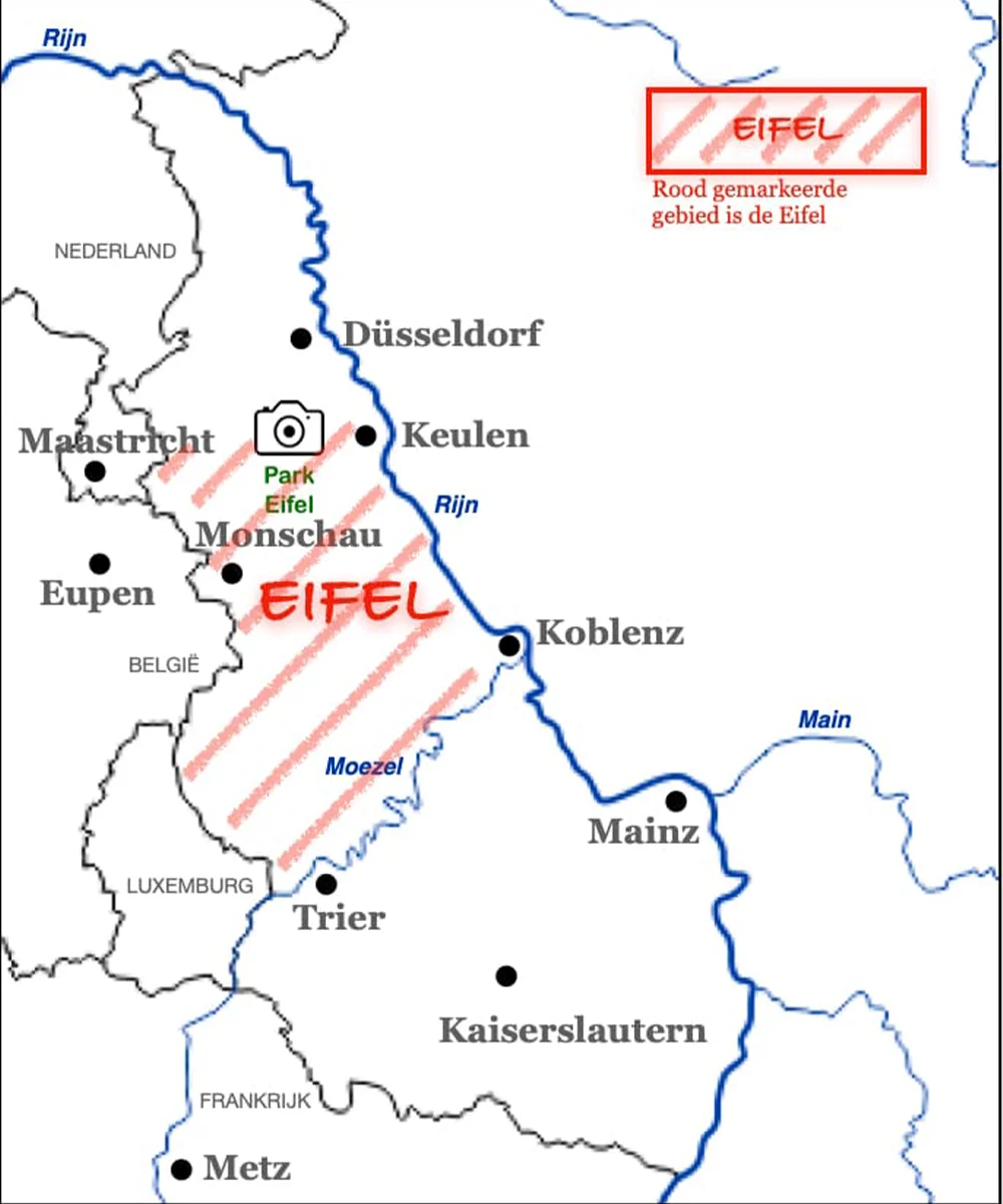 Schematisch op een kaart weergegeven waar De Eifel ligt. Met als grens België, Luxemburg, De Moezel, De Rijn en Jülich-Zülpich Börde. Belangrijke plaatsen zoals Koblenz, Mainz, Düsseldorf, Keulen, Trier en Eupen zijn ook weergegeven. 