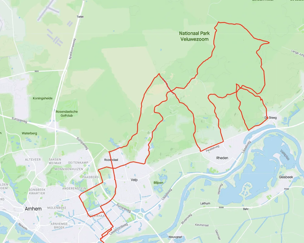 Route van Arnhem via Rheden en de Posbank en de Italiaanse weg