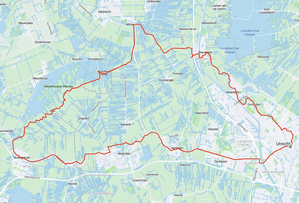 Route van Utrecht naar Breukelen en via Wilnis naar Utrecht 75 kilometer