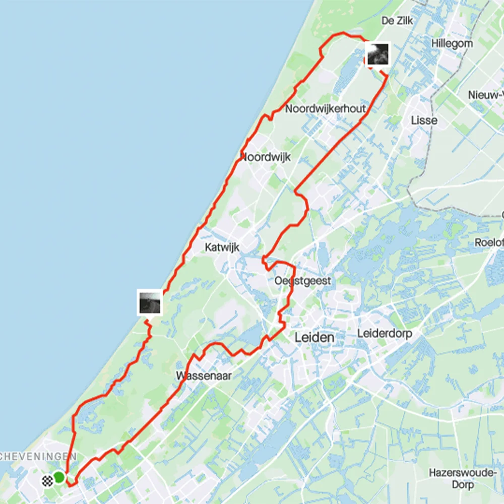 Route van Den Haag naar Noordwijk en via de duinen naar Leiden