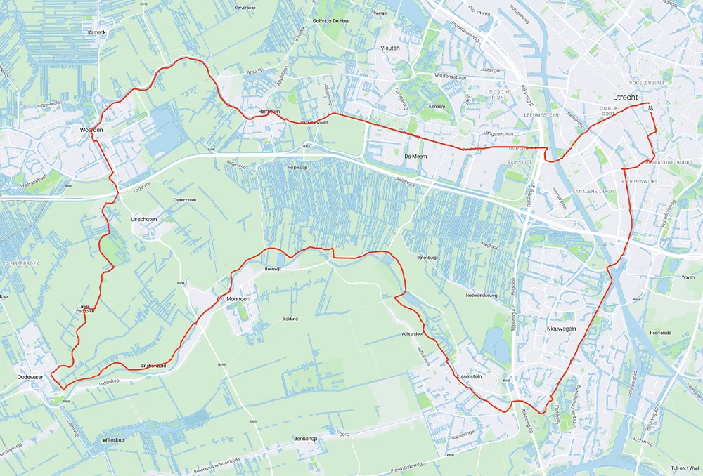 Route van 50 kilometer van Utrecht naar Oudewater via Woerden en terug via IJsselstein