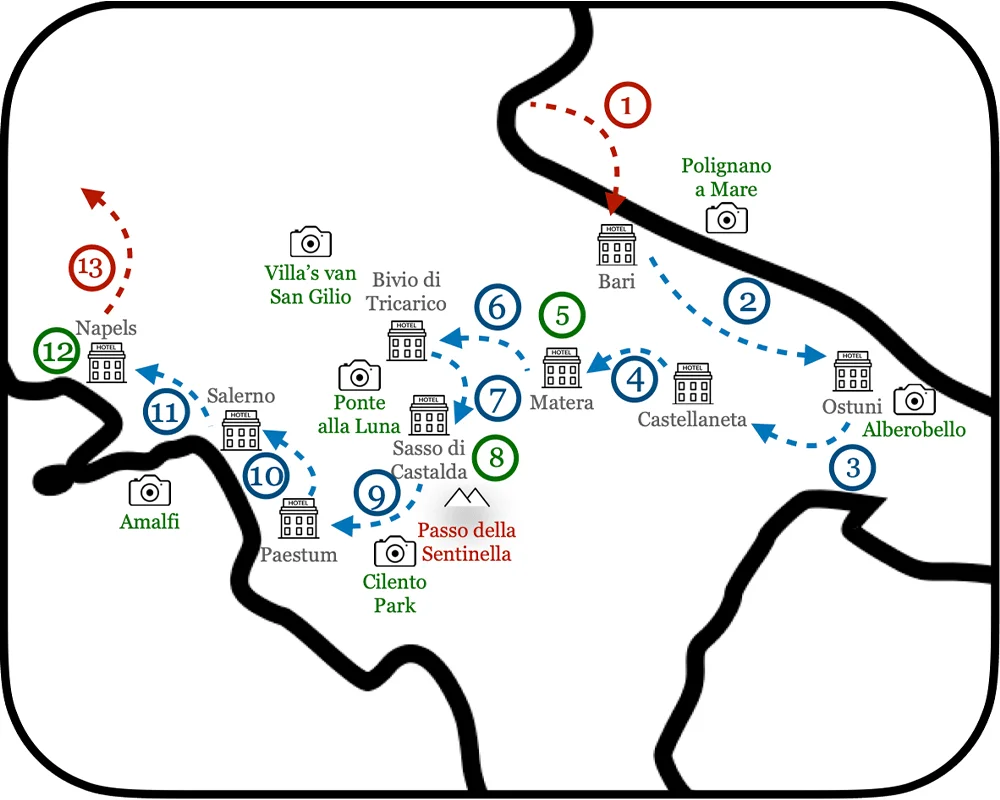 Fietsroutes Zuid-Italië afgebeeld op een schematische kaart in Zuid Italië. Bari ,Matera, Potenza, Salerno, Napels.