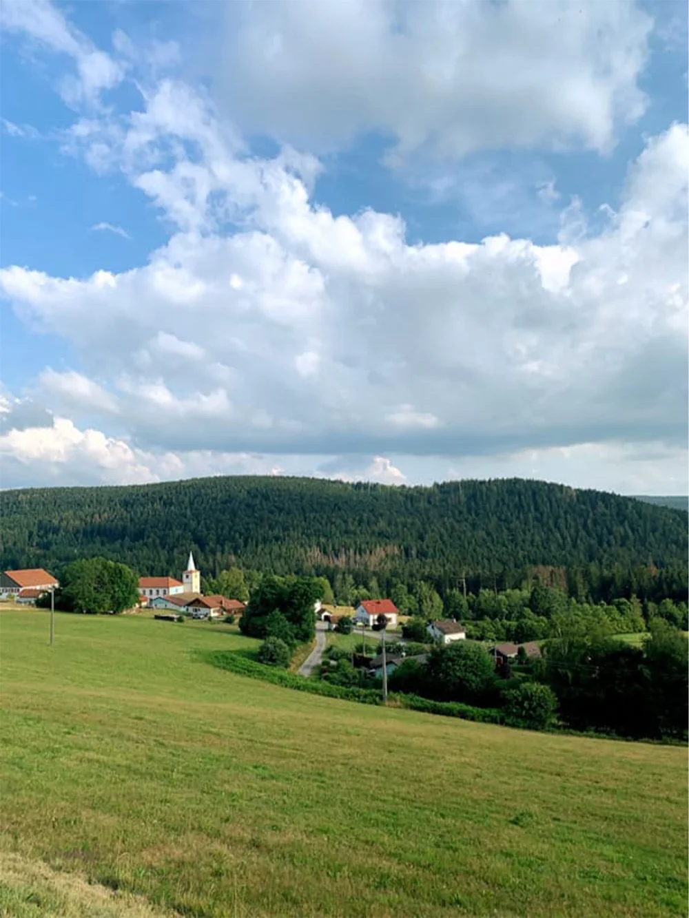 Uitzicht vanaf de balkonroute die gaat vanaf Liezey naar Gerardmer in de Vogezen met kerk en dorp Liezey op achtergrond