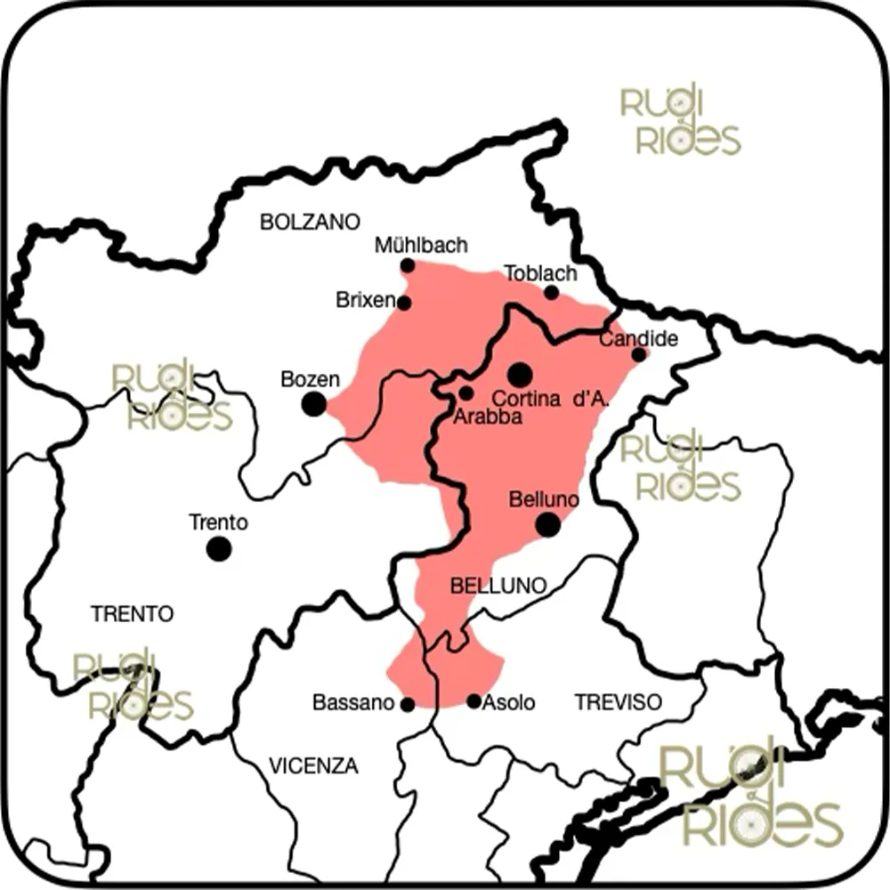 Overzichtskaart van de Dolomieten en de aangrenzende provincies Bolzano, Trento, Belluno, Vicenza en Treviso