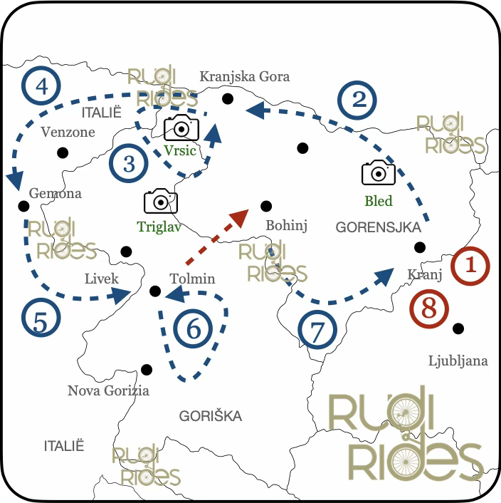 Kaart met routes voor rondreis Slovenie met Rudi Rides groepsreis 2026
